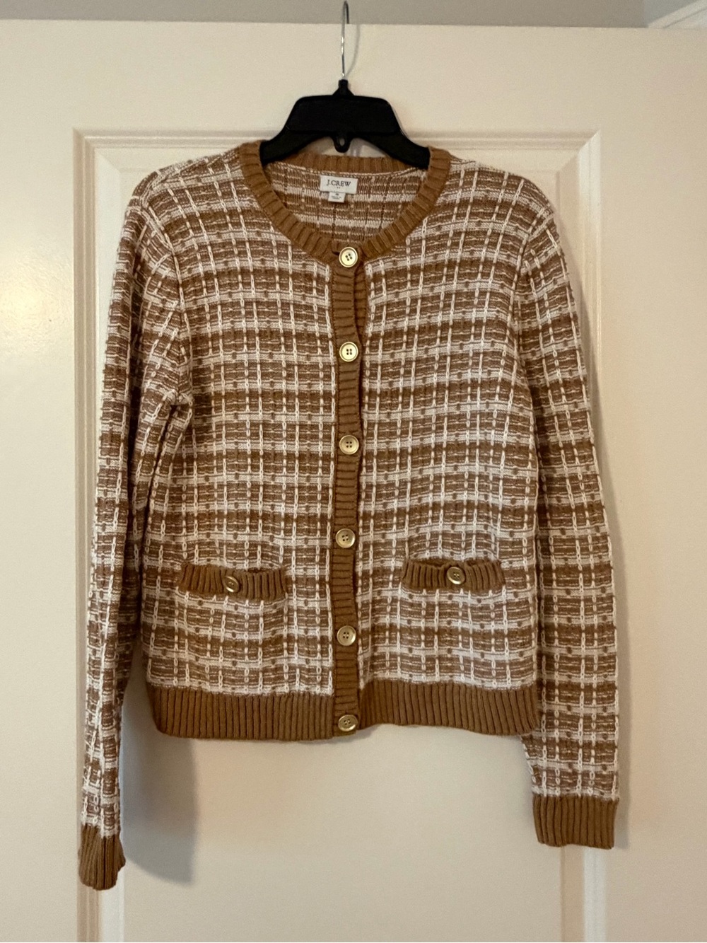J. Crew Brown and White Checked Knit Button-Front Cardigan